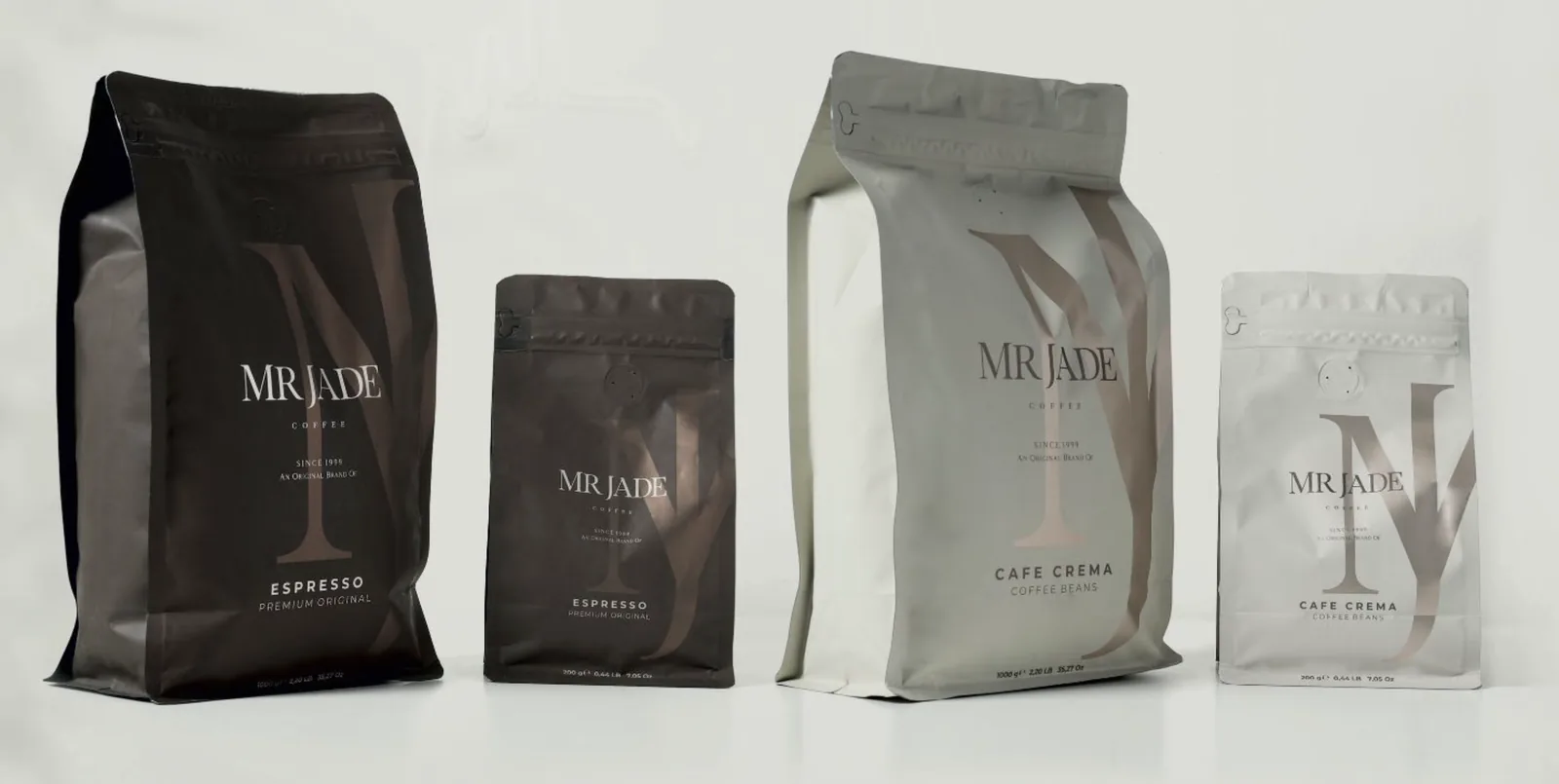 MR JADE Espresso Premium Original and Café Crema coffee bags in two sizes each
