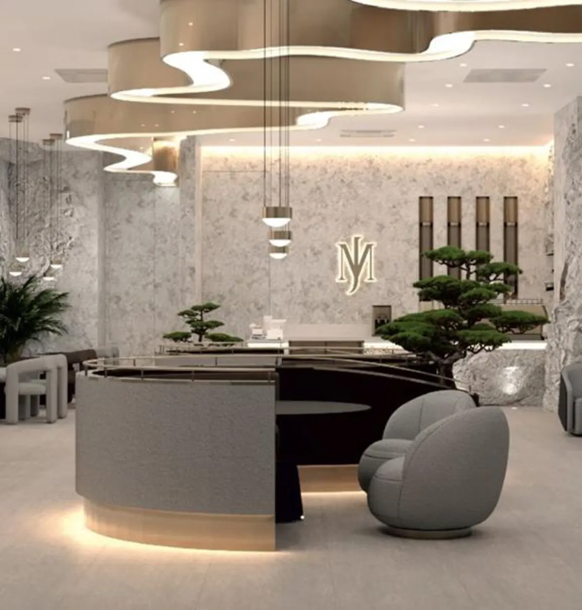 The MR JADE flagship lounge with the monogram on the wall